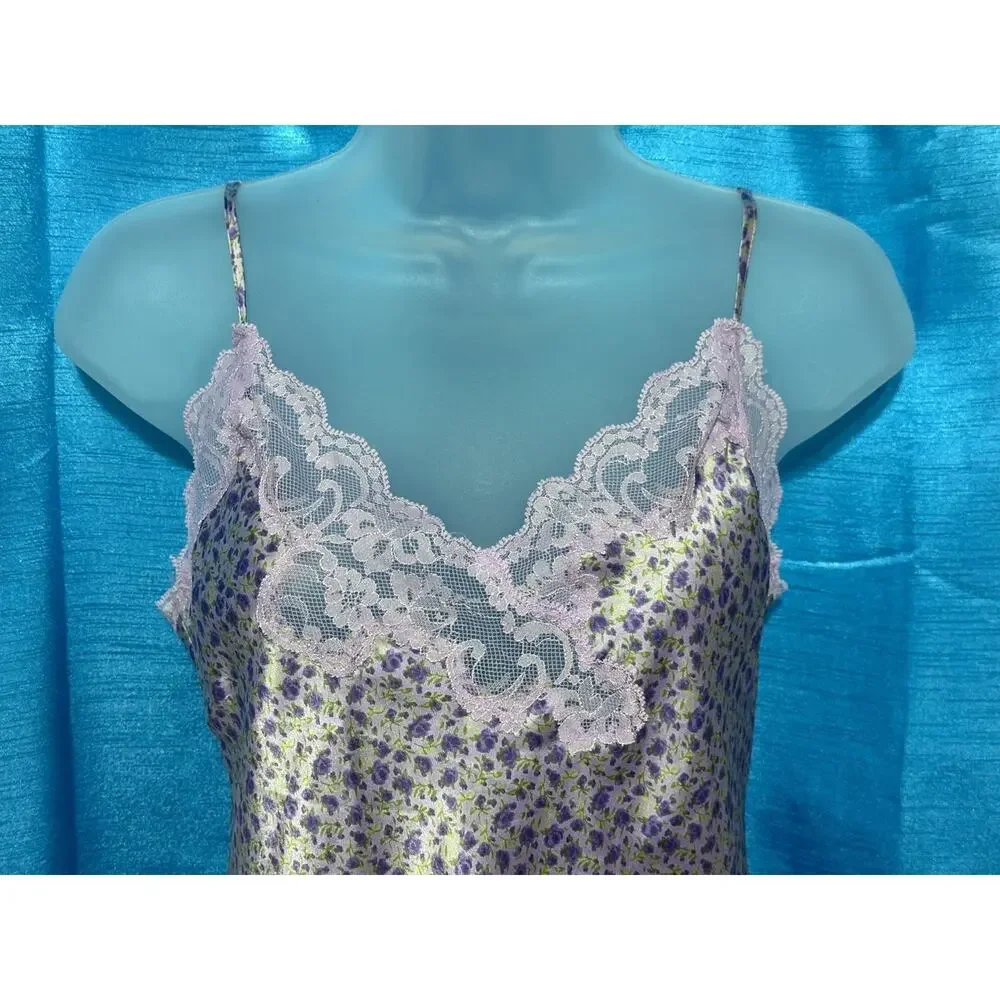 Victoria's Secret Nightgown S Purple Glossy Satin Finish Ditsy Floral Print